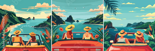 Tropical country summer vacation cartoon vector concepts. Man woman driving cabriolet open top car cheerful back view characters auto travel mountains sea resort scenes
