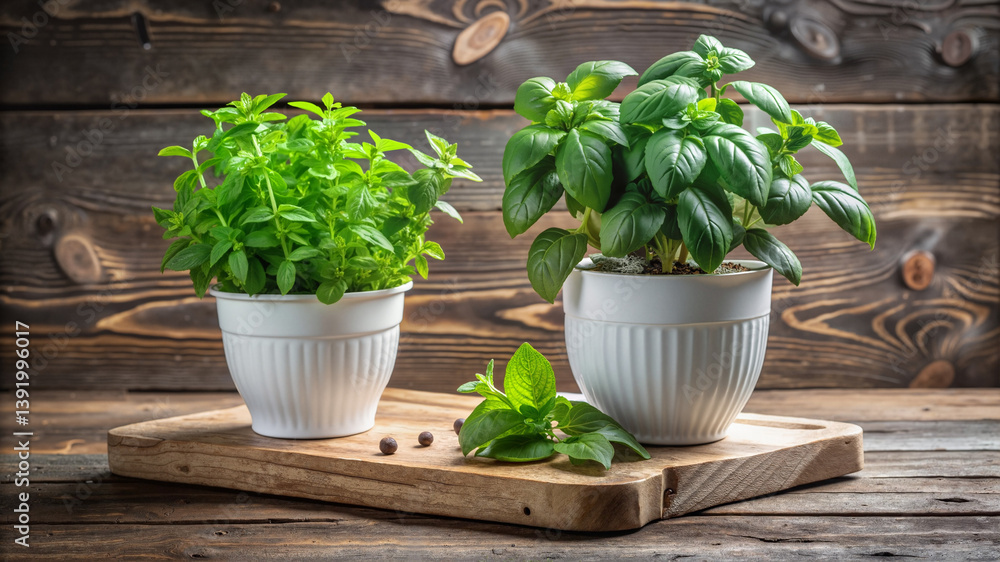 Fresh basil and mint in white pots on wooden table Fresh basil and mint in white pots on wooden table