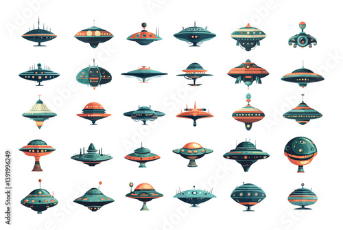 Ufo alien saucers cartoon vector set. Antenna radars space ships flying carriers galactic shuttles, galaxy invaders cosmos spacecraft starships vessels, isolated illustrations on white backdrop