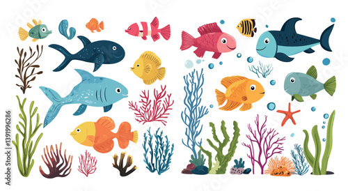 Underwater species creatures cartoon vector collection. Reefs seaweed aquatic life aquatic fauna fish oceanic tropical marine wildlife, isolated artworks on white backdrop.