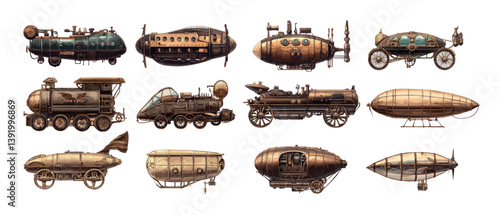 Vintage steampunk transports cartoon vector collection. Aircraft dirigibles vessels automobiles submarines, motors steam devices vehicles retro victorian futuristic cars, isolated on white