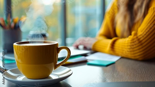 Steaming coffee in yellow mug on desk, woman in background
