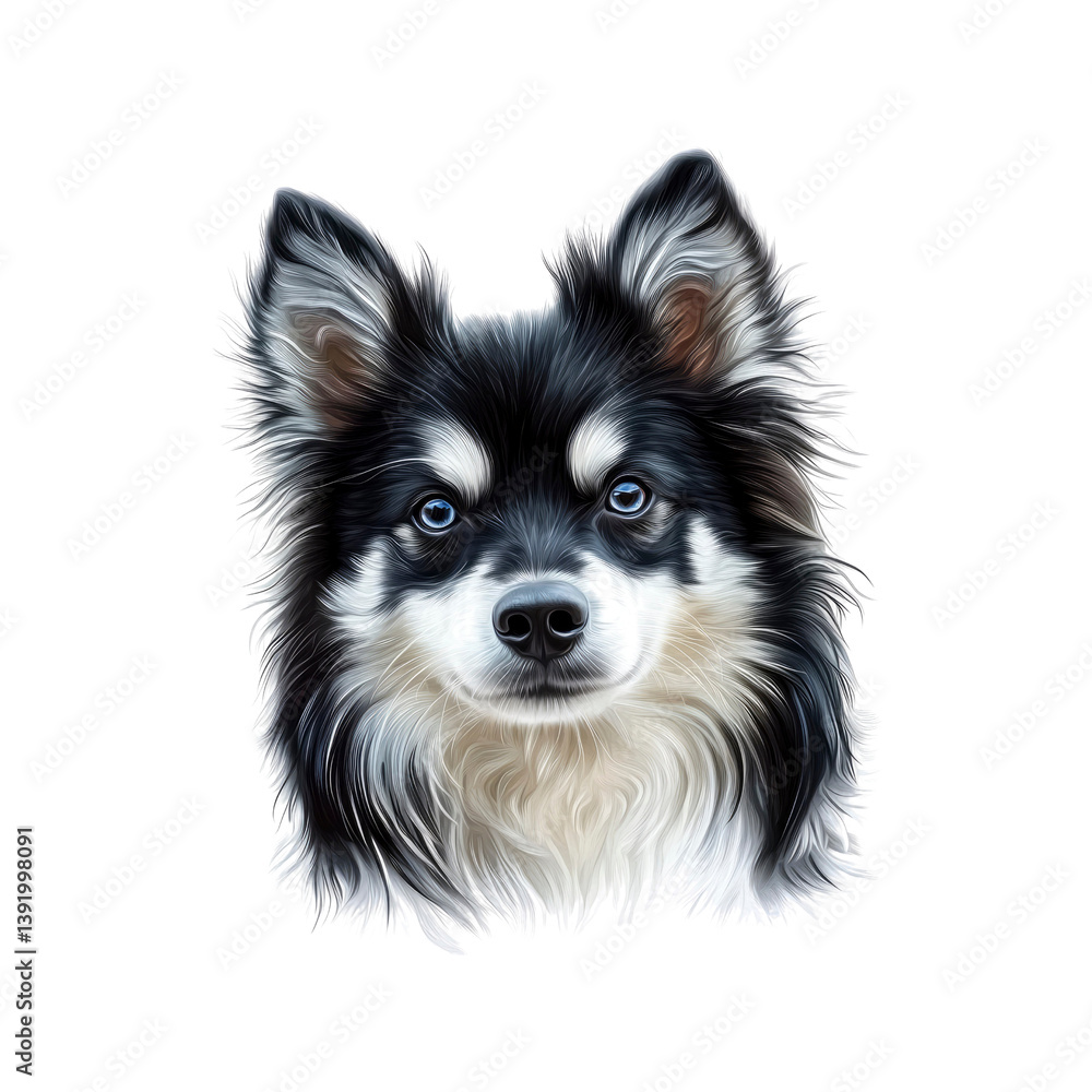 Alaskan Klee Kai Dog Portrait Striking Blue Eyes, Black and White Fur Alaskan Klee Kai Dog Portrait Striking Blue Eyes, Black and White Fur