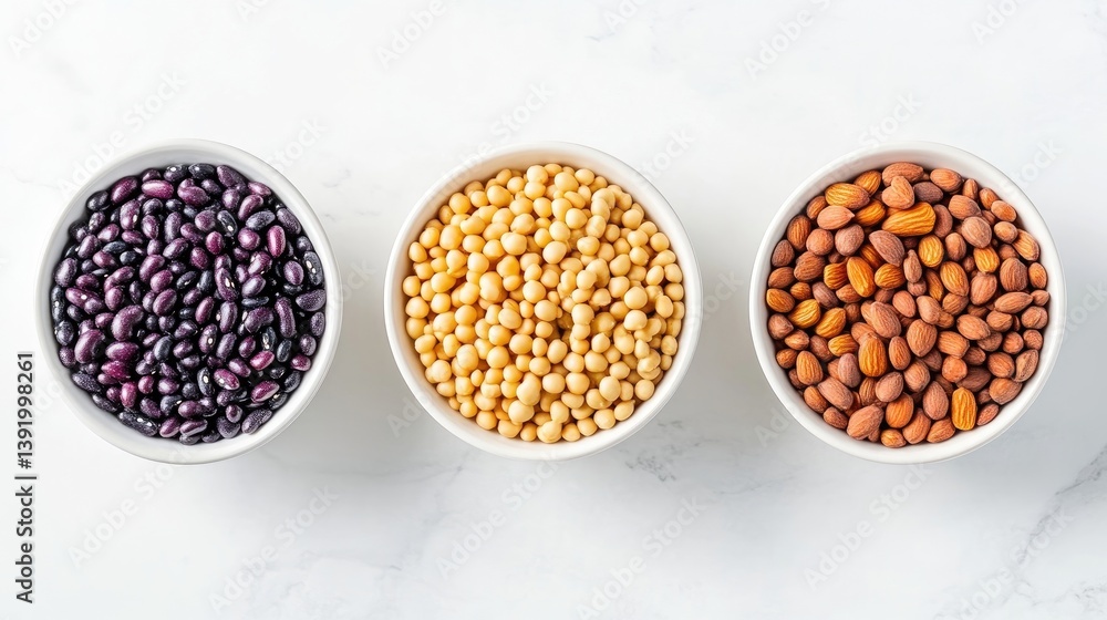 Three bowls of various beans Three bowls of various beans