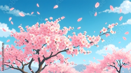 Pink sakura petals falling against a blue sky.