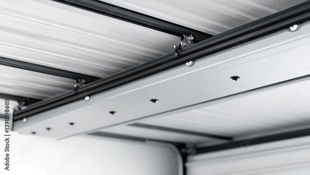 A close-up of a modern garage door mechanism reveals its spring system and stylish design. This advanced garage technology offers clean engineering, ideal for residential home automation and A close-up of a modern garage door mechanism reveals its spring system and stylish design. This advanced garage technology offers clean engineering, ideal for residential home automation and
