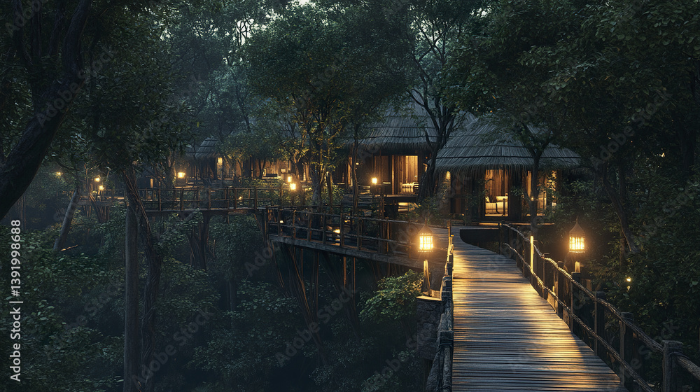 Fototapeta premium Treehouse resort nestled in dense forest with warm lighting