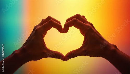 Hands forming a heart shape expressing love against a colorful background  