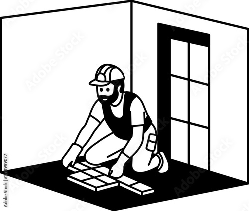 black and white illustration of The tile setter is laying tiles on the floor