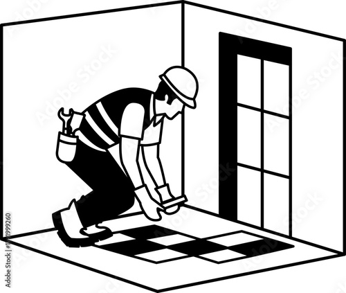 black and white illustration of The tile setter is laying tiles on the floor