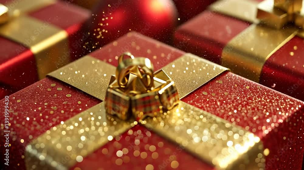 Red and gold christmas presents. Red christmas gifts for the kids. Isolated presents on a golden row. Crimson and golden lifestyle holiday gifts