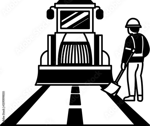 black and white flat icon vector of The road construction crew is paving the new road