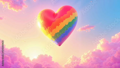 Rainbow heart floating in clouds against a colorful sky  