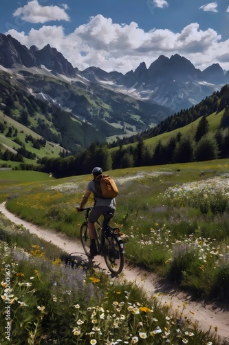 A man is riding a bicycle through a field of flowers