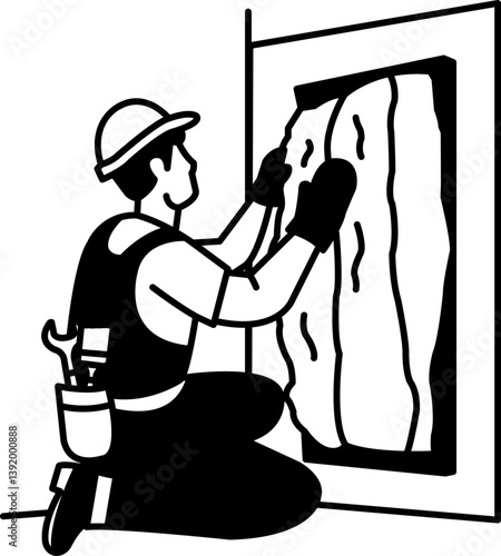 black and white flat icon vector of Technician laying insulation on the wall