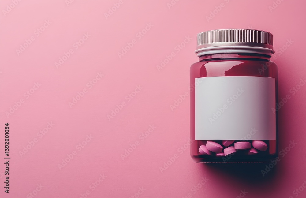 A white supplement bottle mockup displayed on a pink studio background, with a blank label on a vitamin container. This template design is for natural organic bio pills, highlighting clear minimal A white supplement bottle mockup displayed on a pink studio background, with a blank label on a vitamin container. This template design is for natural organic bio pills, highlighting clear minimal