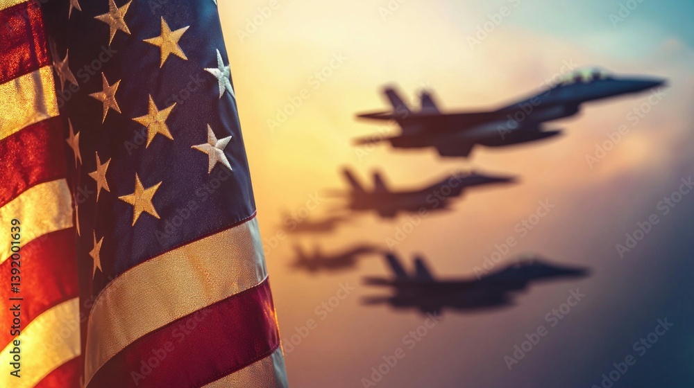 Fototapeta premium The American flag waves proudly as fighter jets soar into the sunset, a patriotic scene.