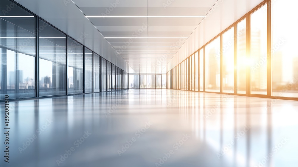 modern office corridor with sleek design and expansive windows overlooking the cityscape bathed in bright sunlight creating a luminous atmosphere modern office corridor with sleek design and expansive windows overlooking the cityscape bathed in bright sunlight creating a luminous atmosphere