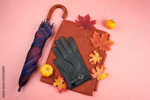 Autumn accessories umbrella, gloves and tippet on pink background