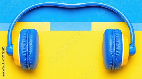 Headphones Resting Blue and yellow headphones on a color block background of blue and yellow