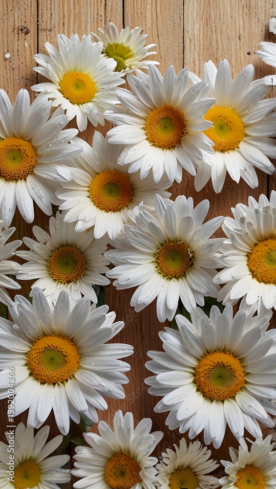 Bright and cheerful spring themed background with fresh yellow and white flowers top border, Garden flowers over wooden background Bright and cheerful spring themed background with fresh yellow and white flowers top border, Garden flowers over wooden background
