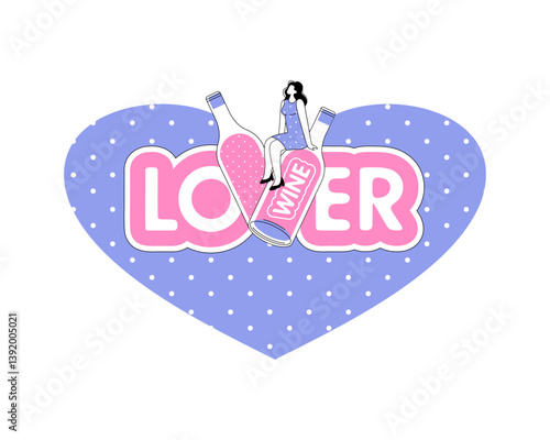 Wine Lover. Wine festival. A young woman sits next to a huge bottle of wine. Vector.