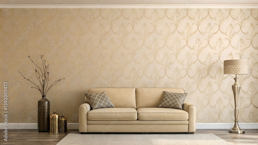 Obraz premium simple plain tan wallpaper with sofa and one decoration piece