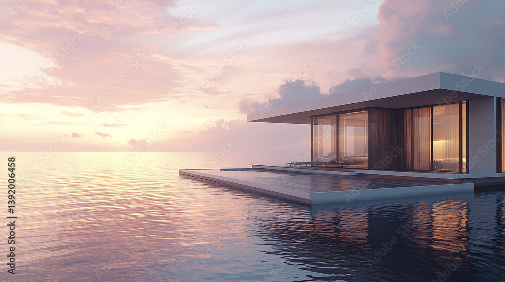 luxury waterfront villa with floating deck at sunset luxury waterfront villa with floating deck at sunset
