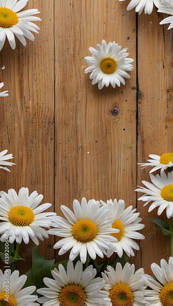 Obraz premium Bright and cheerful spring themed background with fresh yellow and white flowers top border, Garden flowers over wooden background