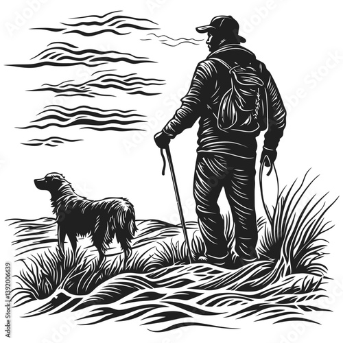 Silhouette of Hiker with Dog Against Scenic Nature Landscape