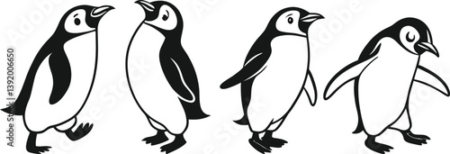 Cute Penguin Silhouettes in Black and White vector. Penguin bird silhouette vector. Animal black white vector