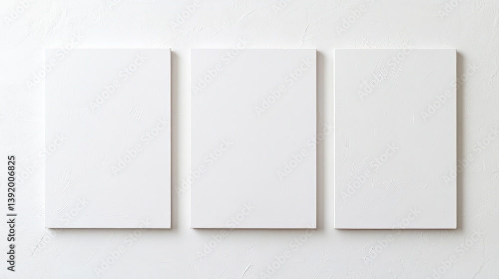 Three blank canvases on textured wall, mockup for design, presentation Three blank canvases on textured wall, mockup for design, presentation