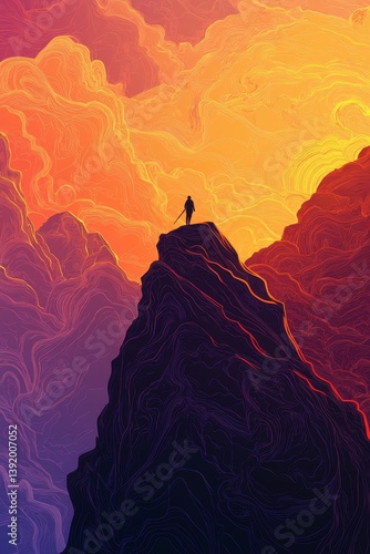 Person stands atop a mountain peak with a colorful sky background illustration.
