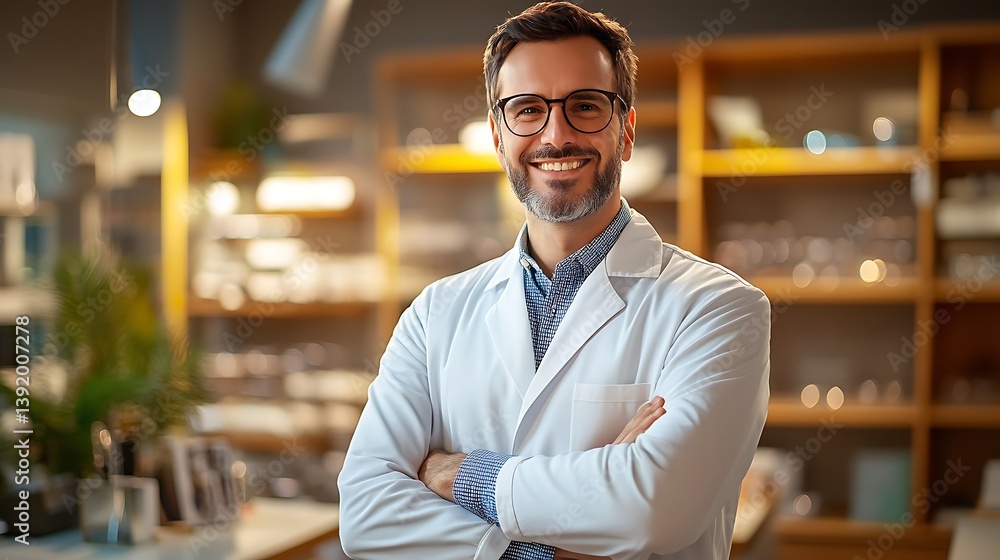 Fototapeta premium professional male optician smiling in contemporary eyewear store with fashionable glasses display expert customer assistance and modern optical retail atmosphere