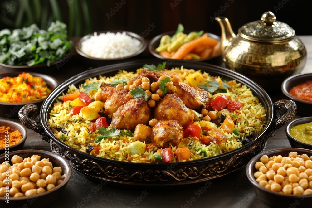 Mediterranean Chicken and Rice Platter, Diverse Dishes, Aromatic Spices Mediterranean Chicken and Rice Platter, Diverse Dishes, Aromatic Spices