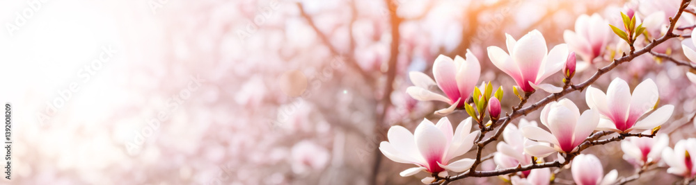 Banner Close-up of delicate pink magnolia flowers in full bloom on tree branches bathed in soft sunlight with a blurred floral background gentle petals Banner Close-up of delicate pink magnolia flowers in full bloom on tree branches bathed in soft sunlight with a blurred floral background gentle petals