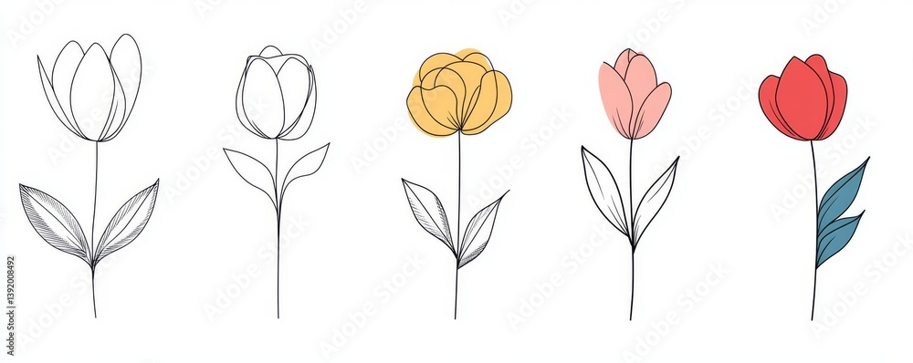 A modern white-background drawing of a bouquet of roses and flowers, rendered using one continuous line A modern white-background drawing of a bouquet of roses and flowers, rendered using one continuous line