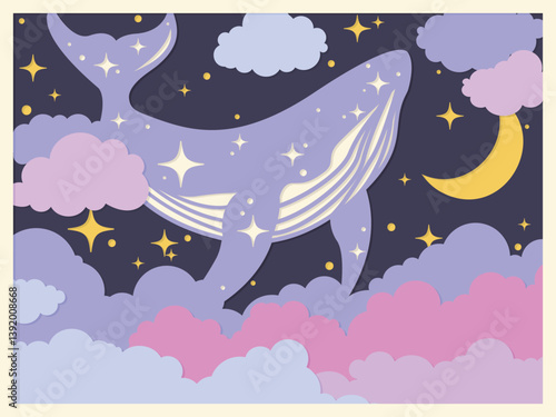 vector illustration of a whale in the night. Layered paper cut style, Shadow Box 