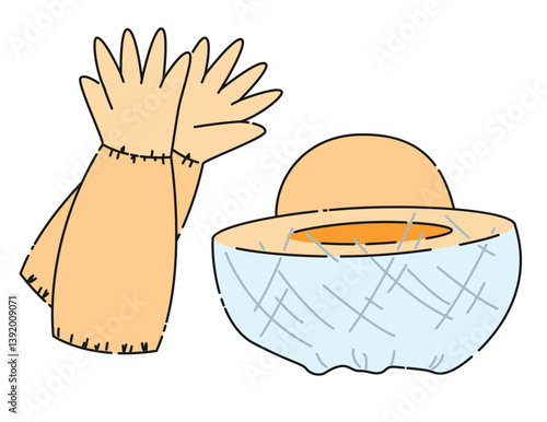 Cartoon illustration of protective suit for beekeeper, hat with net and gloves. Isolated on white