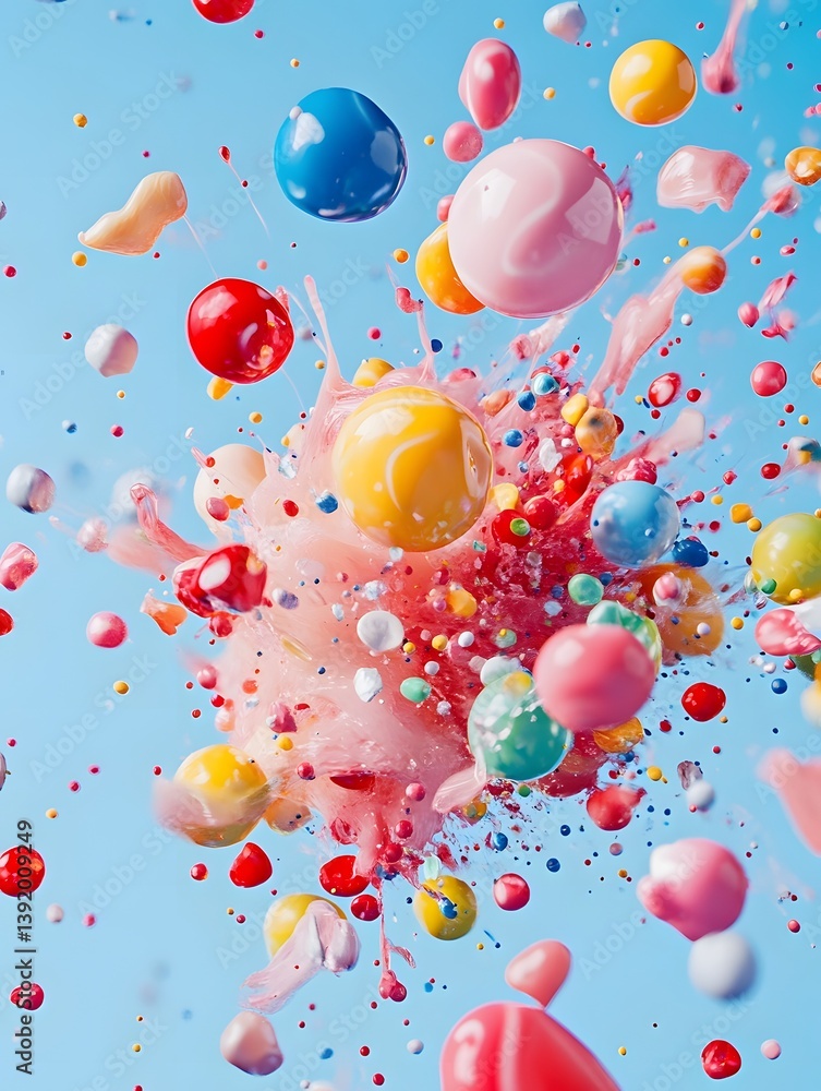 Vibrant bubble gum explosion with dynamic candy fragments Vibrant bubble gum explosion with dynamic candy fragments