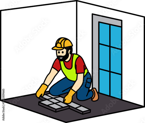 illustration of The tile setter is laying tiles on the floor