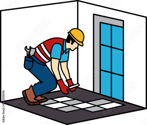 illustration of The tile setter is laying tiles on the floor