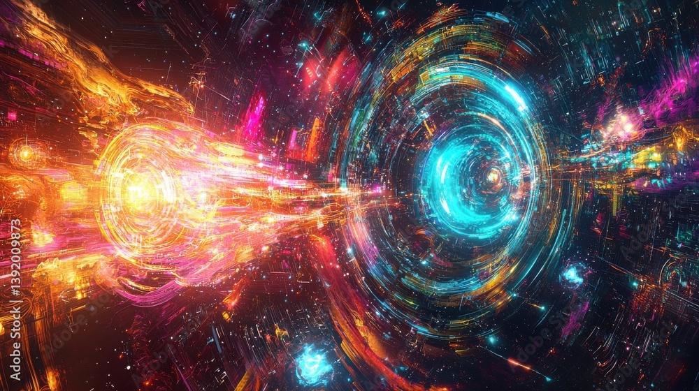 Fototapeta premium Vibrant Cosmic Scene Depicting a Swirling Galaxy with Bright Colors and Stunning Light Effects
