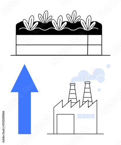 Plants growing in fertile soil, blue upward arrow, and industrial factory with chimneys. Ideal for growth, progress, environmental balance, sustainability, industry development innovation. Flat