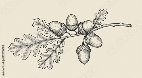 Ink-Drawn Acorn Branch: A Study in Botanical Detail AI Generated