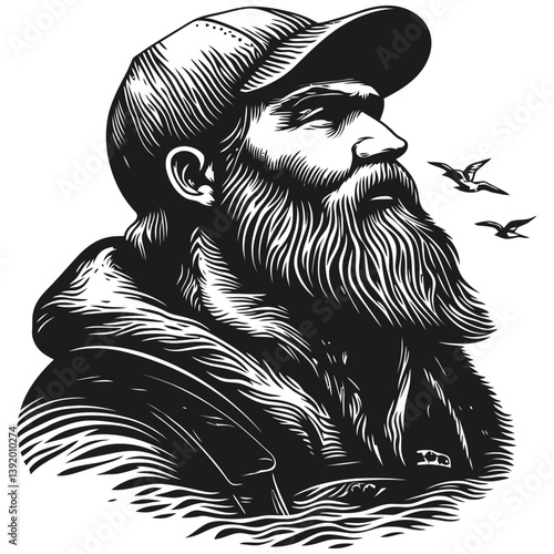 Detailed Vector Illustration of a Bearded Man with Hat and Birds