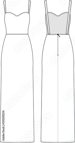 sleeveless strappy strapped shoulder straps backless sweetheart neck square neck pencil cut long maxi straight dress template technical drawing flat sketch cad mockup fashion woman design style model 