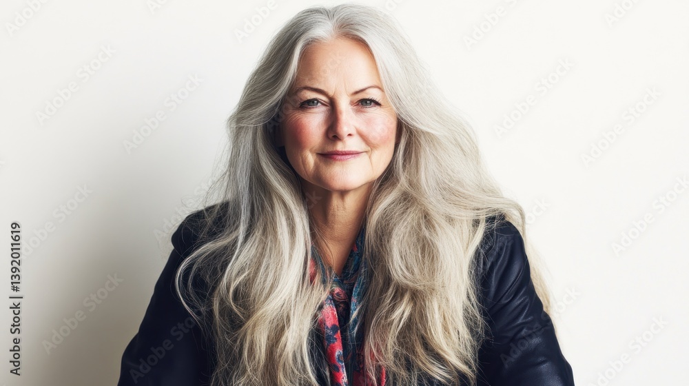 Fototapeta premium portrait of a confident silver haired woman radiating natural beauty and warmth with graceful smile against soft backdrop showcasing timeless elegance