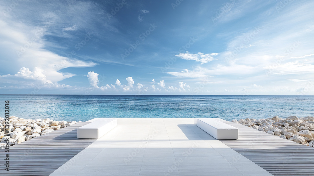 Fototapeta premium minimalist resort style retreat facing ocean with serene atmosphere