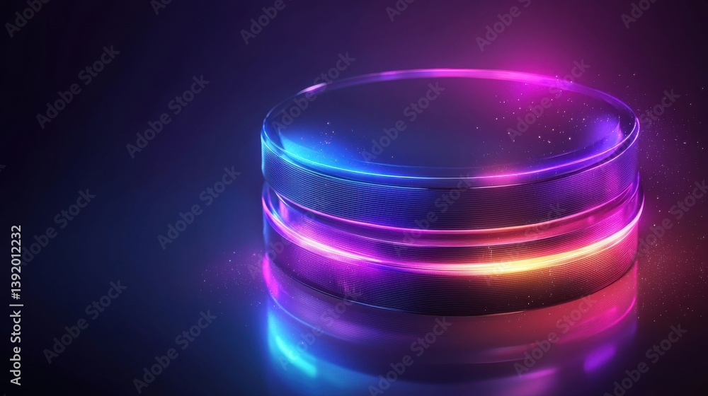 Futuristic Circular Object Glowing with Vibrant Light Display in Purple, Blue and Orange Tones Futuristic Circular Object Glowing with Vibrant Light Display in Purple, Blue and Orange Tones